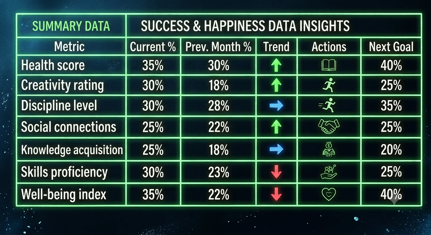 Illustration of a data insights summary table with metrics, trends, and goals